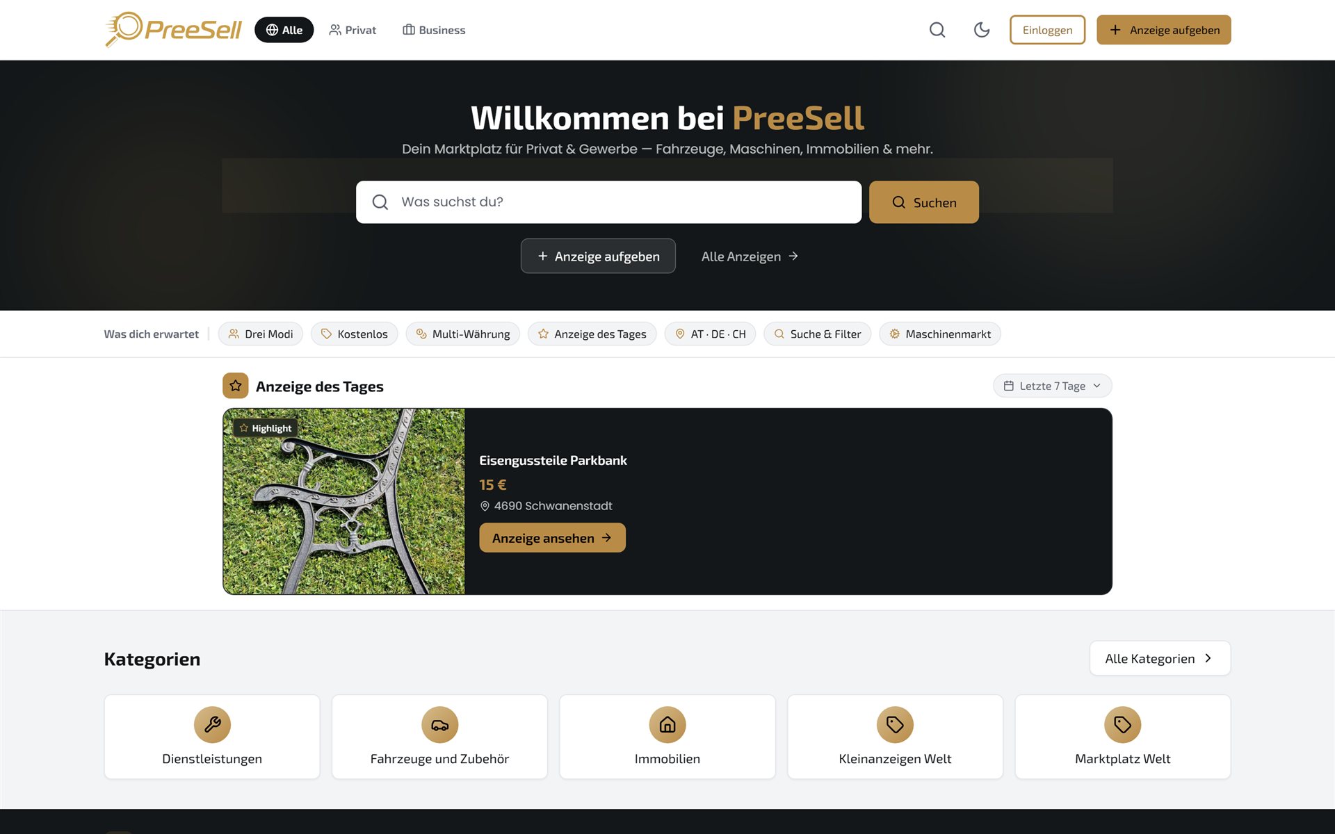 Startseite von preesell.com mit Suche und Marktplatz-Kategorien