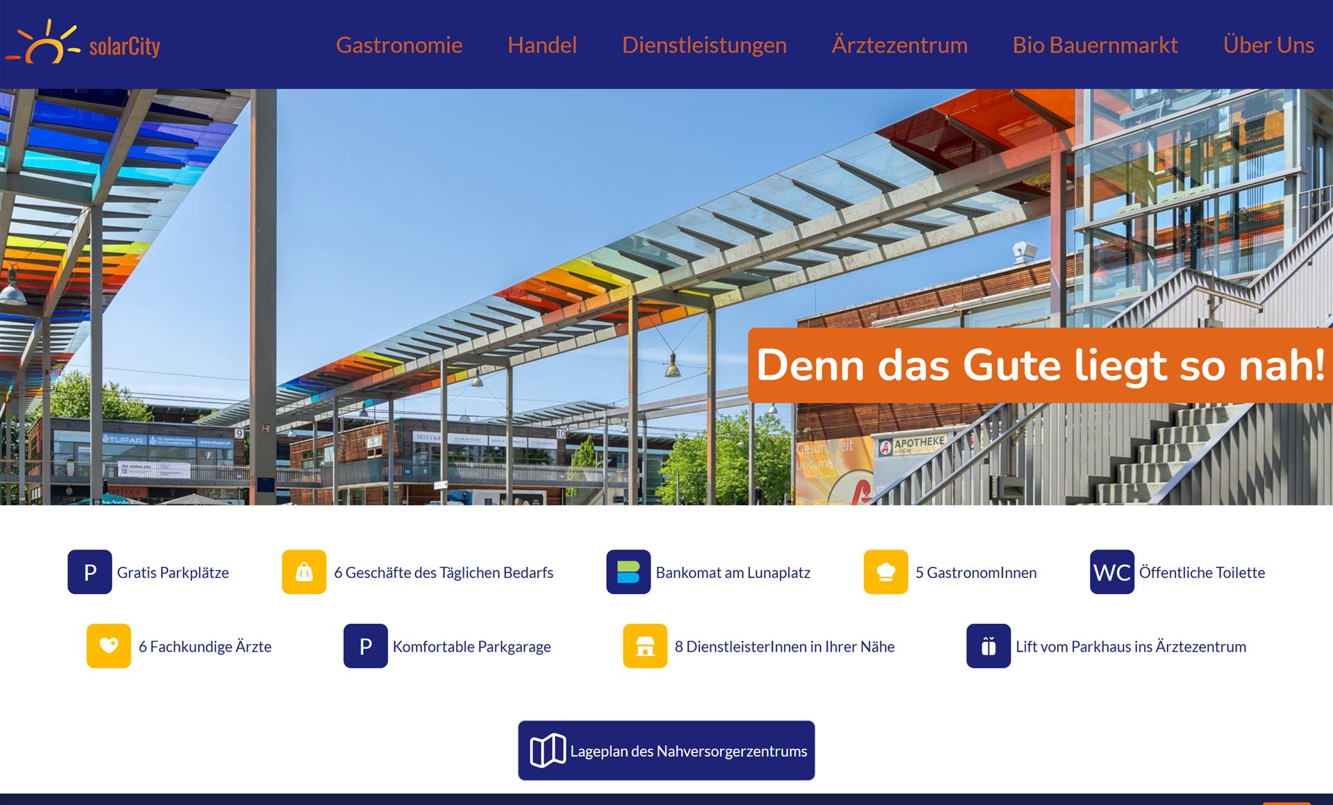 Startseite von solarcity.at mit Foto des Stadtteilzentrums und Übersicht der Angebote